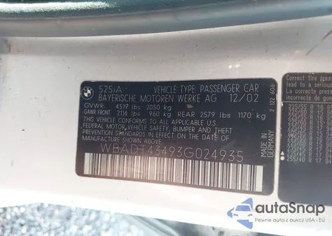 2003 BMW 525 I Automatic from USA, damaged, VIN WBADT43493G024935